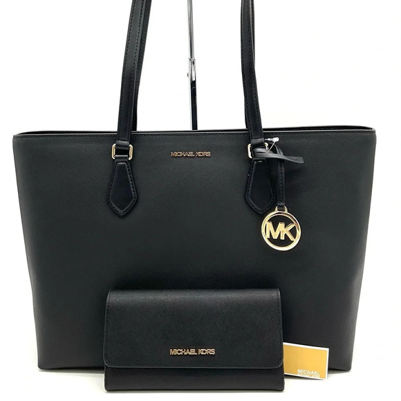 Michael Kors Bag Large Sheila Mf Tote Bag & Large Trifold Wallet Black/Gold - Picture 1 of 14